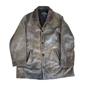 Vintage Eddie Bauer Leather Coat Mens L Brown Distressed Button Jacket Heavy